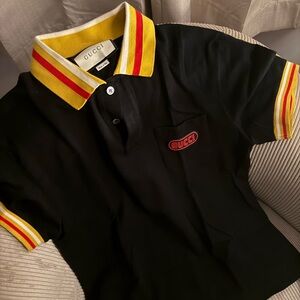 Gucci Black Polo Shirt with Yellow and Red Stripes
